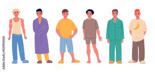 Male pajamas. Young handsome guys in sleepwear and home clothes, bathrobes, shorts and t shirts, happy men characters in sleeping underwear, cartoon flat style isolated classy vector set
