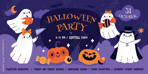 Kids Halloween party. Happy invitation design, cute poltergeist, funny ghosts with smiling pumpkins, childish spooky holiday, web banner, cartoon flat style isolated garish vector concept