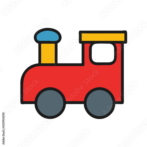 Cartoon red toy train with blue and yellow accents isolated on transparent background