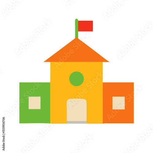 Colorful cartoon school building with flag isolated on transparent background
