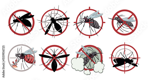 Informational anti mosquitoes signs. Treated against parasites tags, red sights, blood sucking insects control, stop gnats, repellent product packaging label, tidy vector isolated set