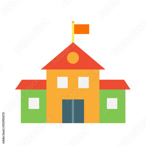 Colorful cartoon school building with flag isolated on transparent background