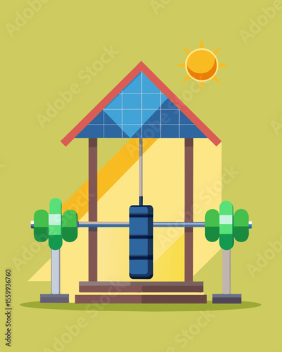 A solarpowered weightlifting station complete with dumbbells and barbells ideal for building strength and stamina in an ecofriendly way.. Vector illustration