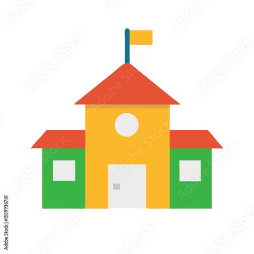 Colorful cartoon school building with red roof and flag isolated on transparent background