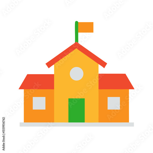 Flat design school building with flag isolated on transparent background