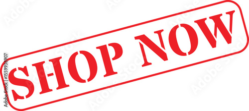 Red stamp with bold text announcing shop now