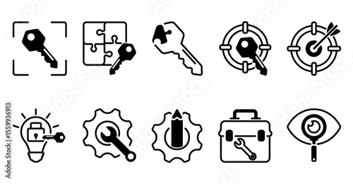  Business icons as target key, business key, solution key in blue color . vector
