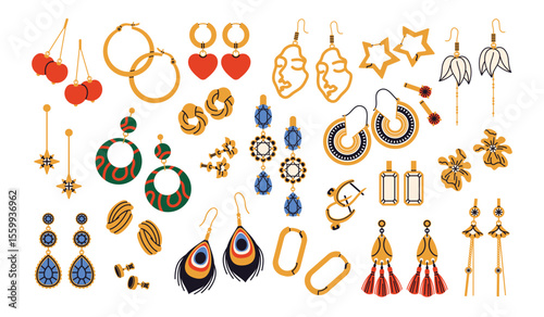 Earrings jewelry. Decorative accessories with diamonds, pearls, gems, golden items, precious products, studs, pendants, expensive gemstones and bijouterie tidy vector cartoon isolated set