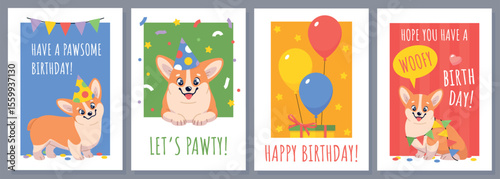 Cute corgi dog cards. Cartoon pet character, happy emotions puppy, kids birthday party greetings posters design, comic funny domestic animal, gift and colorful balloons, classy vector set