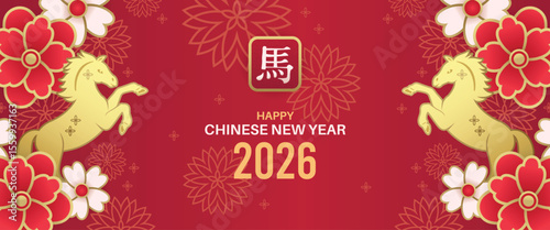 Chinese gold horses. Asian new year greeting card, red floral ornament background with steeds, traditional horoscope animals, banner design, 2026 zodiac sign, new year tidy vector concept