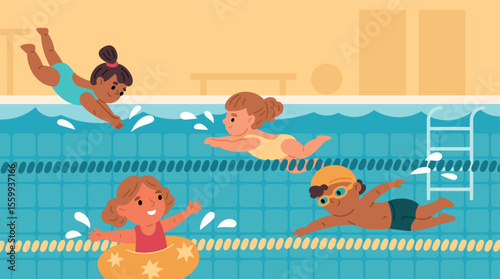Cartoon children in swimming pool. Cute little kids diving into water, young swimmers, girl with inflatable lifebuoy, athletic boy, entertainment and competition, garish vector concept