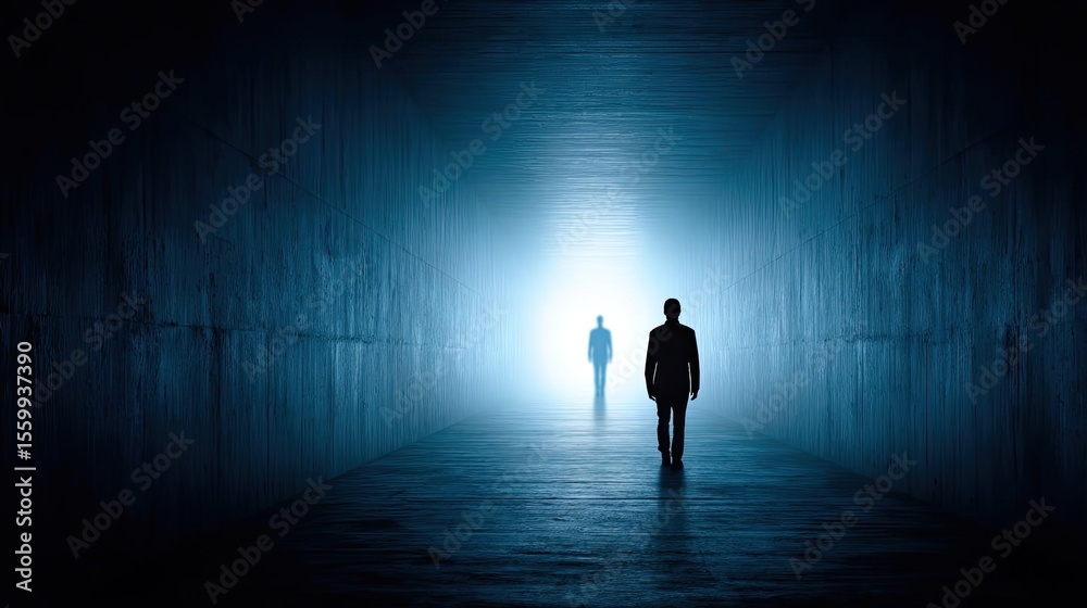 Obraz premium Self reset concept. A mysterious figure walking toward a bright light in a tunnel.