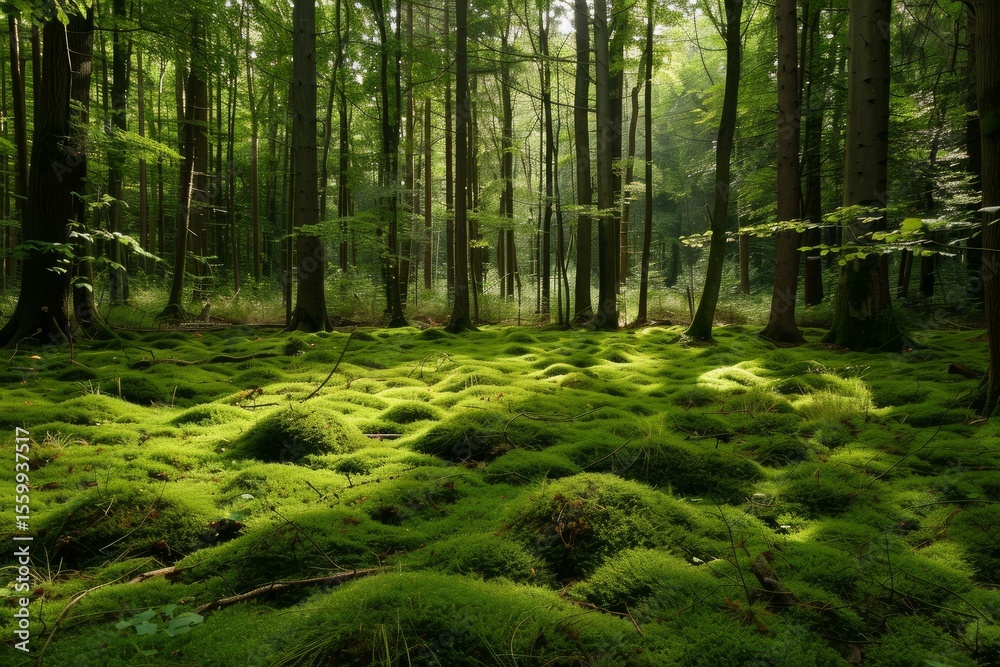 Fototapeta premium Sunbeams illuminate a lush green moss covered forest floor, creating a tranquil and magical atmosphere