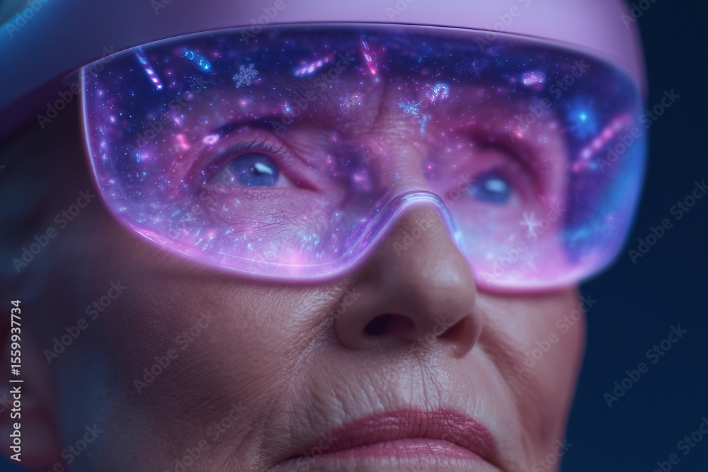 Fototapeta premium Elderly woman experiences virtual reality in a cosmic wonderland of colors