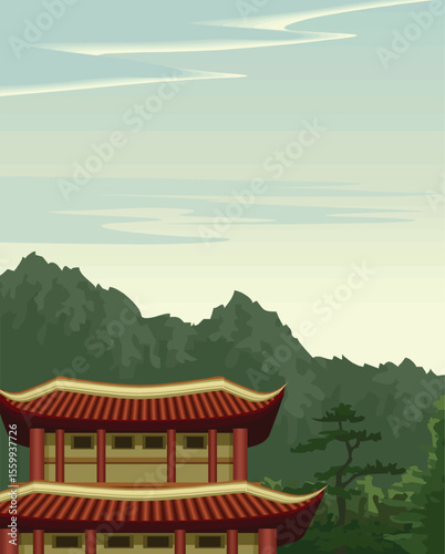 Serene Asian Temple nestled in Mountain Landscape Illustration