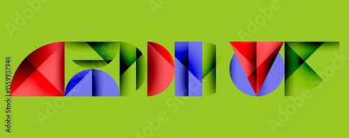 Abstract colorful shapes form letters. Green background provides contrast. Modern design, vibrant hues, geometric patterns present.