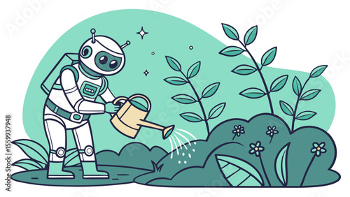 Concept innovation drone cybersecurity creative Gardening robot tending plants with soft