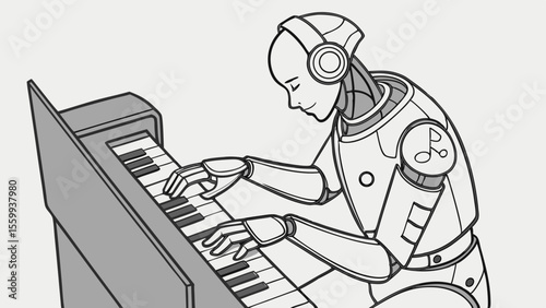Creative technology clean high-tech intelligence Humanoid robot playing piano with glowing