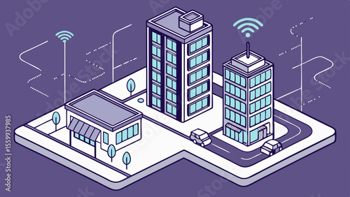 Holographic science future network metaverse Isometric smart city buildings connected with