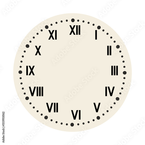Retro round clock face. Vintage watch design. Elegant antique dial. Timer with numerals. Decorative carved arrows. Mechanical chronometer. Vector