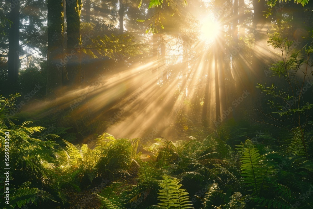 Fototapeta premium Golden sunbeams are filtering through morning fog in a redwood forest, creating a magical atmosphere