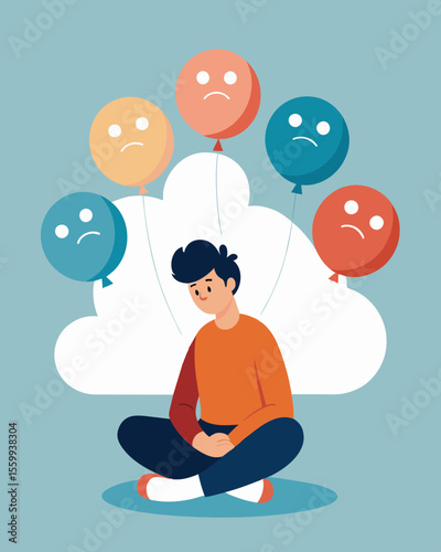 A person sitting with a bunch of stress balloons tied to their legs each one labeled with a different expectation or societal pressure making it hard for them to find their own. Vector illustration