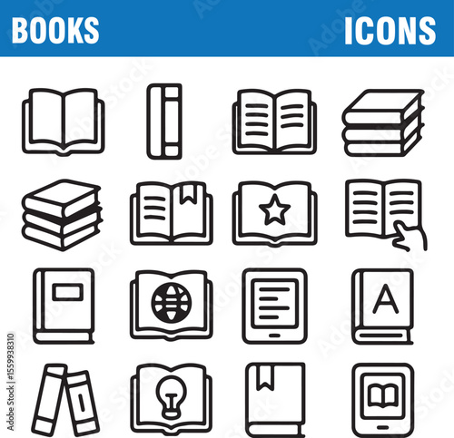 books icons set Books Icons Collection  Open Book, Bookmark, Digital Library, and Educational Symbols