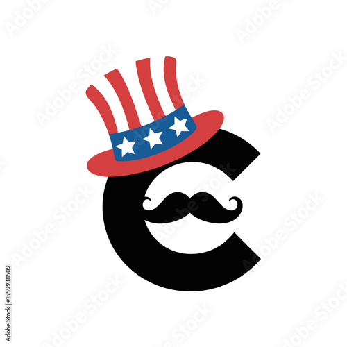 Letter C with Uncle Sam Hat and Mustache Clipart, Fun illustration of the letter C featuring an Uncle Sam hat and mustache, symbolizing American patriotism, ideal for festive graphics and events.

