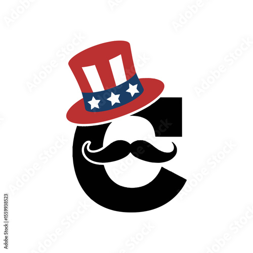 Letter C with Uncle Sam Hat and Mustache Clipart, Fun illustration of the letter C featuring an Uncle Sam hat and mustache, symbolizing American patriotism, ideal for festive graphics and events.

