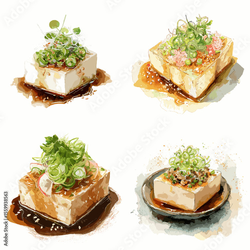 Japanese tofu illustration with soy sauce, spring onion, and sesame toppings, presented in hand-drawn watercolor style for Asian cuisine themes.

