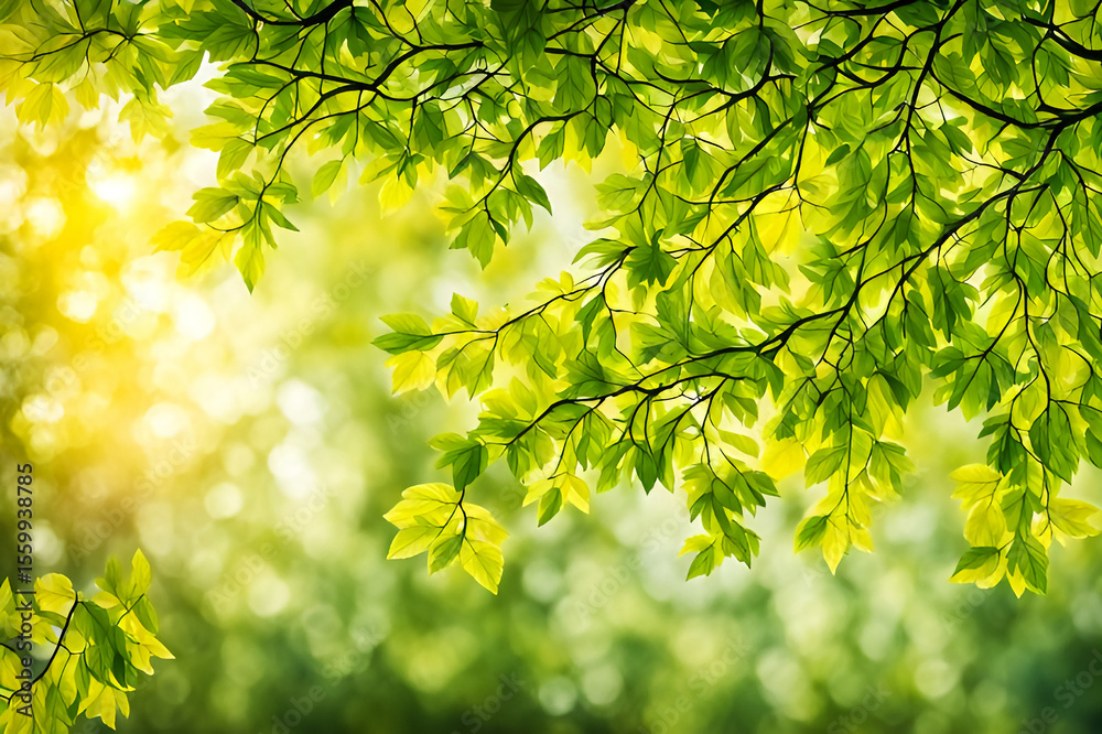 Obraz premium Sunlight filters through vibrant green leaves creating a bright and natural scene