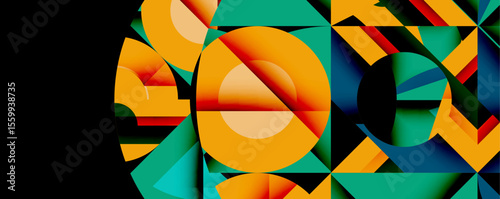 Abstract geometric composition. Vivid colors blend, creating dynamic shapes. Modern design evokes energy, movement, visual interest.