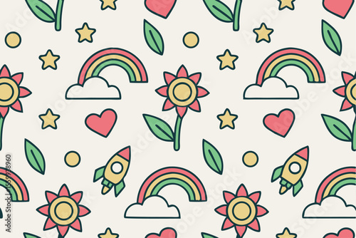 Colorful Doodle Illustration Hand-Drawn Cartoon Rainbow, Flower, and Rocket Pattern