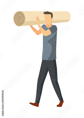 Moving house service. Mover or delivery worker carrying boxes and furniture. Moving house, people packing things. Supplies logistic transportation. Cartoon vector illustration