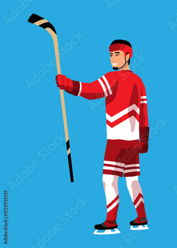 Hockey player. Ice hockey team sport, men with hockey sticks. Sportsman with helmet in cartoon flat style. Vector illustration isolated on white background