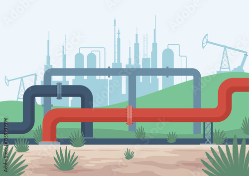 Oil gas. Oil industry, gas production. Petroleum pipelines. Oil industry extraction and refinery production. Petroleum industry design vector cartoon illustration