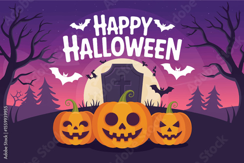 Happy Halloween Pumpkin Patch: Three grinning jack-o'-lanterns sit before a tombstone under a spooky Halloween night sky, complete with bats and gnarled trees.