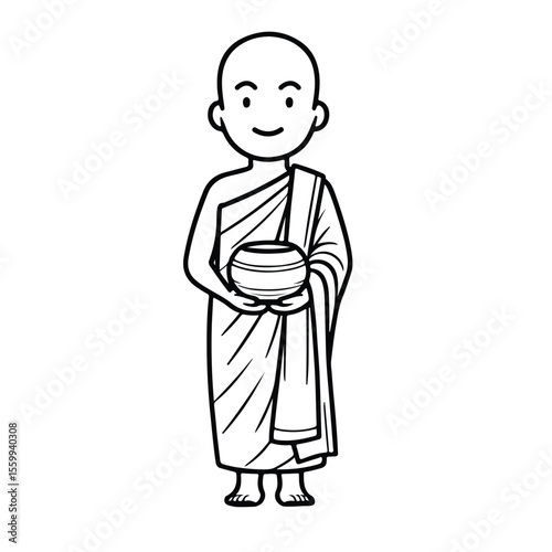 Line art of monk cartoon holding alms bowl vector