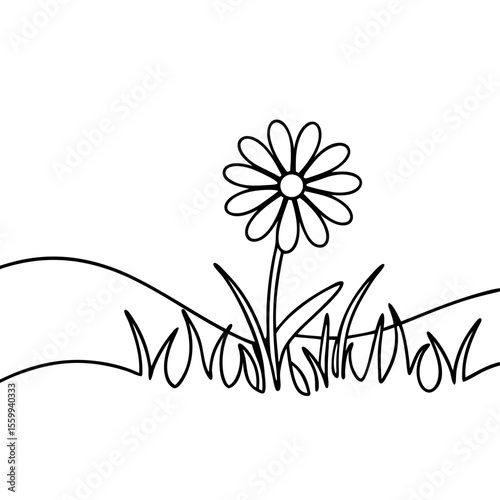 Single daisy in field line art illustration. Simple daisy with green grass and rolling hills drawn in minimalist style. Perfect daisy design for coloring book pages, greeting cards.