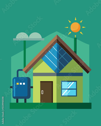 An ecofriendly emergency shelter equipped with a battery storage system harnessing solar energy to provide reliable lighting and heating for its occupants.. Vector illustration