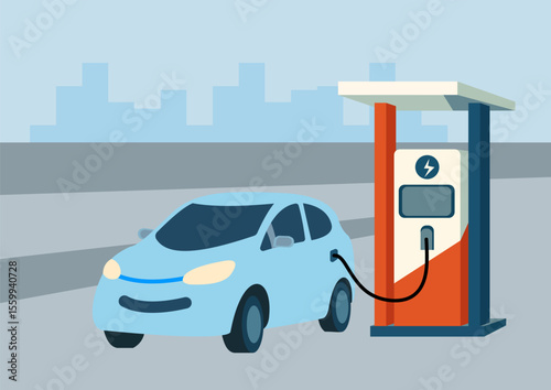 Electric car charging at a modern city station, representing eco friendly technology, clean energy mobility, and the rise of sustainable urban transportation