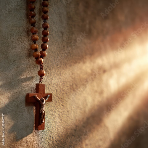Wooden Rosary and Crucifix Against a Textured Wall Evoking Spirituality and Faith