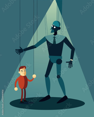 A marionette suspended from the ceiling its strings controlled by invisible hands as the puppeteer watches from the shadows.. Vector illustration