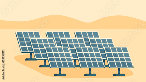 Solar panels generating renewable energy under bright sun in a desert setting, ideal for clean tech, sustainability visuals, and green innovation concepts