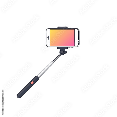 Selfie stick with smartphone in minimalist flat design  