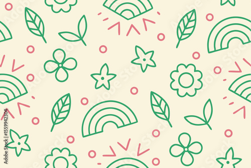 Seamless Whimsical Handdrawn Colorful Doodle Floral Rainbow Pattern