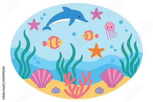 Ocean Underwater Sealife Marine Life, Fish, Coral, and Shells Illustration