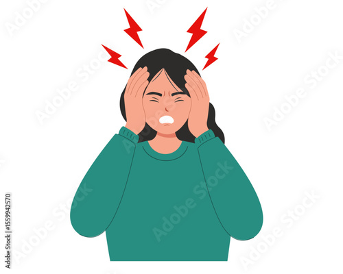 Young women hold her head suffering from headache and needs medical help vector illustration