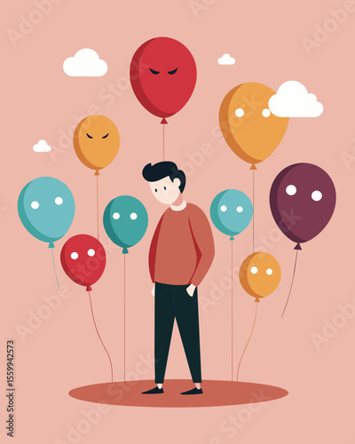 A person standing amidst a group of stress balloons each one representing a different irrational fear or phobia such as heights spiders and public speaking causing them to feel. Vector illustration