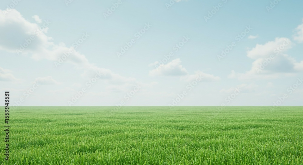 Naklejka premium Green Grass Field Under a Bright Blue Sky with Clouds
